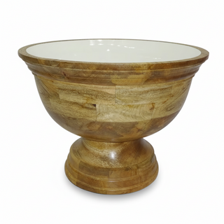 Enamel and Mangowood Round Pedestal Bowl   White/Natural
