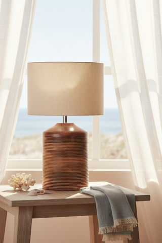 27 Inch Grooved Dark Mango Barrel Lamp w/Shade
