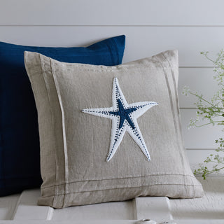 Starfish Pillow, Natural Ground w/ White Applique   Linen  Porch 21"x21"
