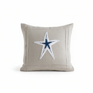 Starfish Pillow, Natural Ground w/ White Applique   Linen  Porch 21"x21"

