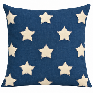 White Stars on Indigo Linen Applique on Porch 21" x 21" Pillow
