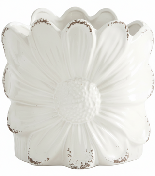 Distressed White Ceramic Sunflower Pot

