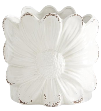 Distressed White Ceramic Sunflower Pot - Large