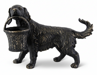 23.5 INCH RESIN BLACK & GOLD DOG STATUE W/BASKET PLANTER
