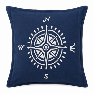 White Compass on Indigo Linen Pillow
