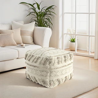 Transitional Striped Indoor Pouf   Taupe/Ivory
