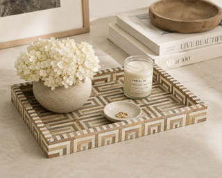 Wooden Rectangle Geometric Tray, 19''W, Natural and White
