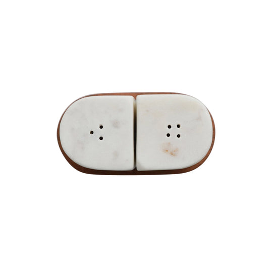 Marble Salt & Pepper Shakers w/ Acacia Wood Tray, White & Natural