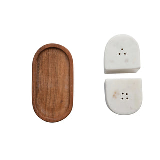 Marble Salt & Pepper Shakers w/ Acacia Wood Tray, White & Natural
