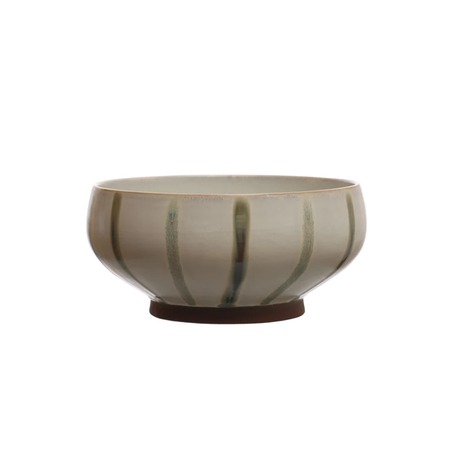 Hand-Painted Stoneware Bowl w/ Stripes, Reactive Glaze