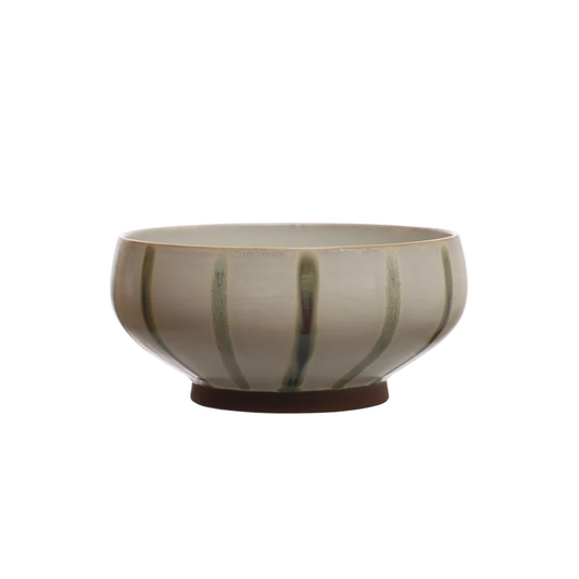 Hand-Painted Stoneware Bowl w/ Stripes, Reactive Glaze