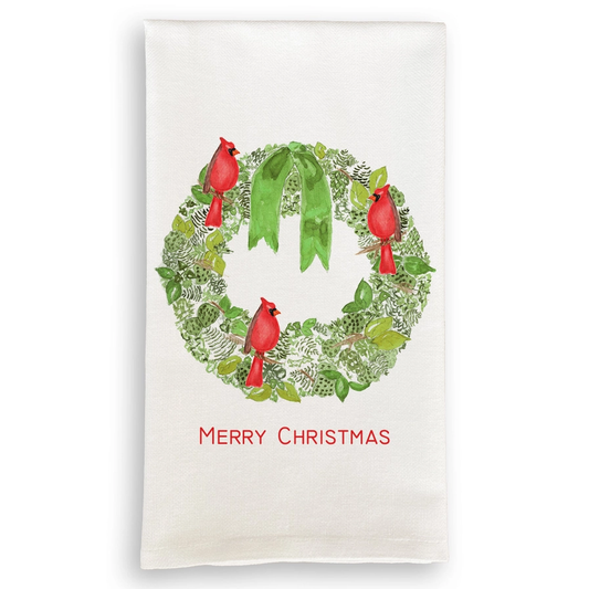 Green Wreath with Cardinals Dishtowel