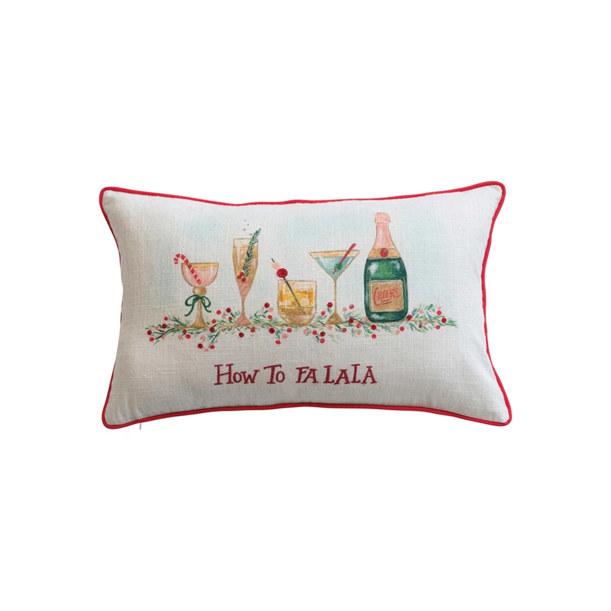 20"L x 12"H Cotton Slub Printed Lumbar Pillow w/ Embroidery