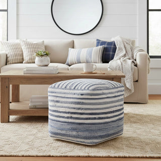 Andros Navy Blue/White Striped Cotton Cube Pouf
