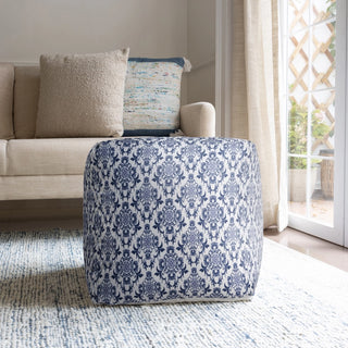 Farmhouse Blue/White Floral Cotton Indoor Pouf
