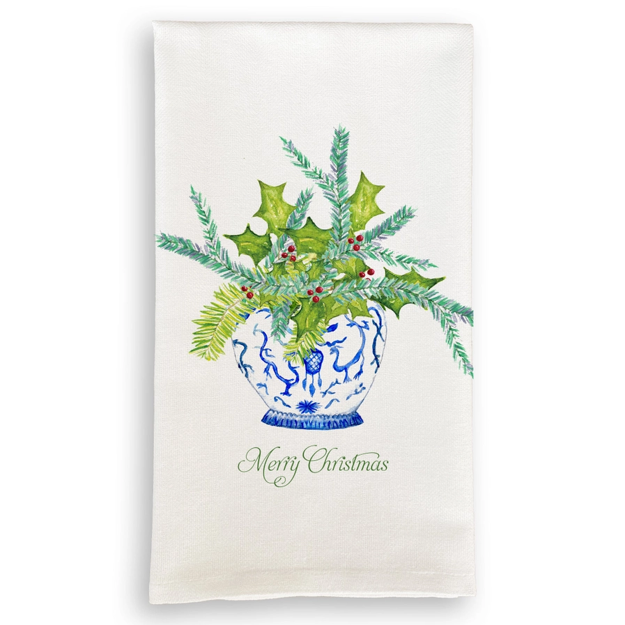 Ginger Jar with Greens and Merry Christmas Dishtowel