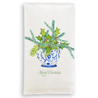 Ginger Jar with Greens and Merry Christmas Dishtowel

