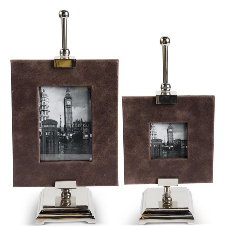 Brown Leather Photo Frames on Polished Silver