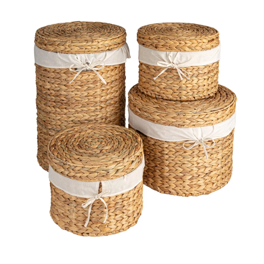 Water Hyacinth Baskets w/ Lids, Handles & Cotton Lining - Large