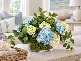 White & Blue Hydrangea in Glass Vase with Moss
