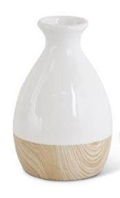 6.5 Inch White Stoneware Vase with Wood Decal Base