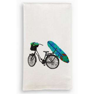 Bike with Blue Surfboard Dishtowel
