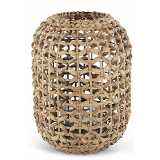 13.5 Inch Natural Water Hyacinth Grass Lantern with Glass Votive
