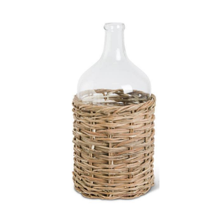 Large Clear Glass Bottles in Woven Rattan Basket
