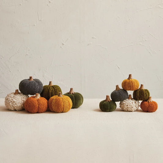 Cotton Blend Bouclé/Velvet Pumpkin w/ Wood Stem - Green Boucle