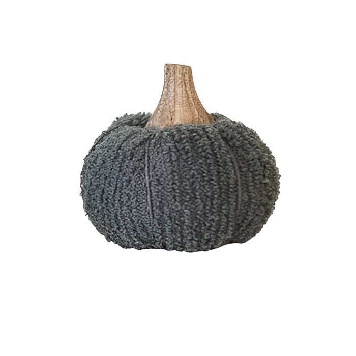 Cotton Blend Bouclé/Velvet Pumpkin w/ Wood Stem - Small - Grey