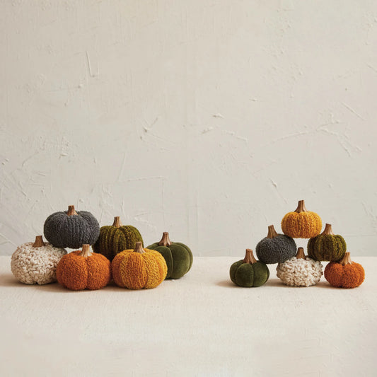 Cotton Blend Bouclé/Velvet Pumpkin w/ Wood Stem - Grey