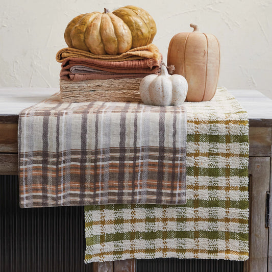 Woven Cotton Table Runner, Cream Color, Brown & Orange Color Plaid