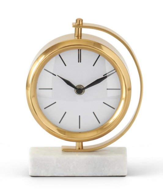 8.25 INCH ROUND GOLD METAL TABLE CLOCK W/RECTANGULAR WHITE MARBLE BASE