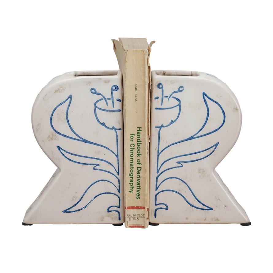 Terra-cotta Vases/Bookends w/ Hand-Painted Flower, Set of 2