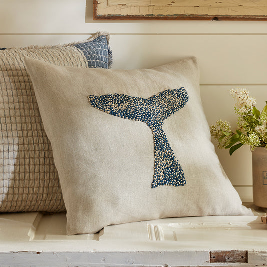 Whale Tail Pillow, Natural Ground w/ Embroidery - Linen - Porch 21"x21"