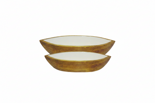 Set of 2   Enamel and Mangowood Boat Bowls   White/Natural
