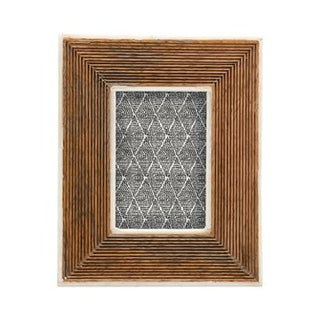 Hand Carved Mango Wood Photo Frame w/ Bone Border & Ribbed Pattern, Natural
