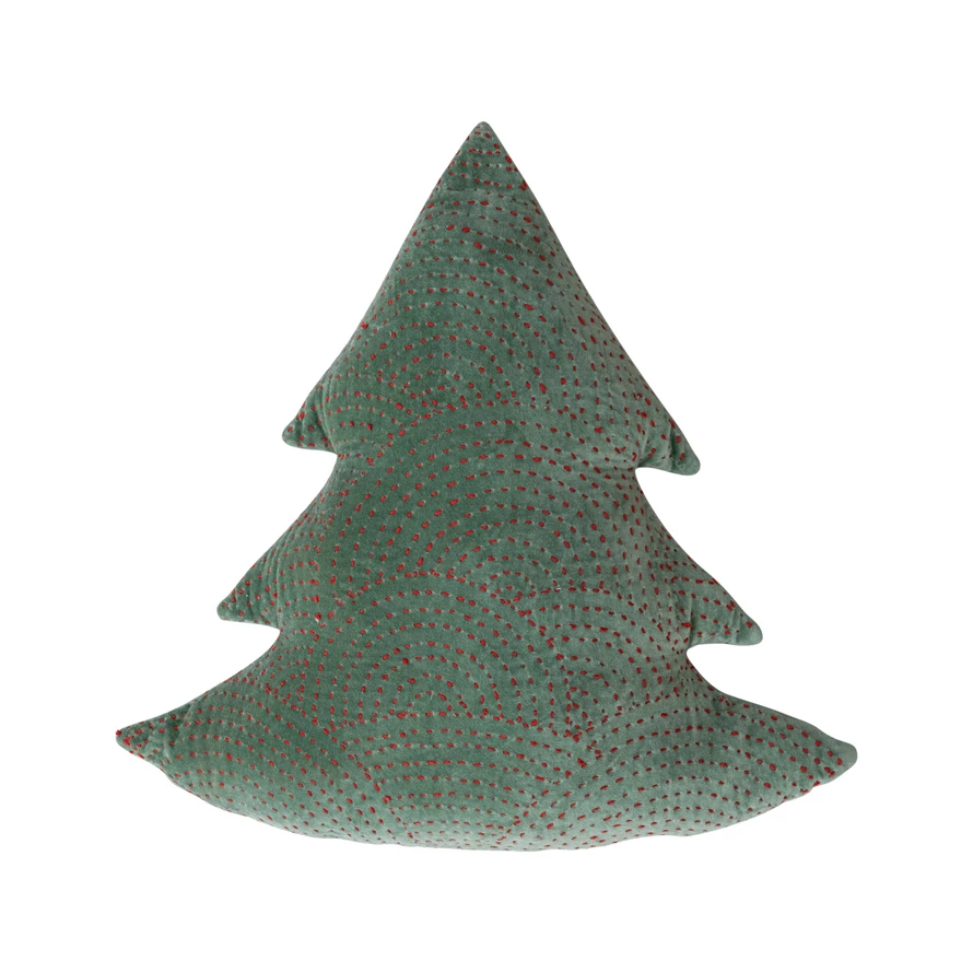 Velvet Tree Shaped Pillow with Hand-Embroidered Kantha Stitch