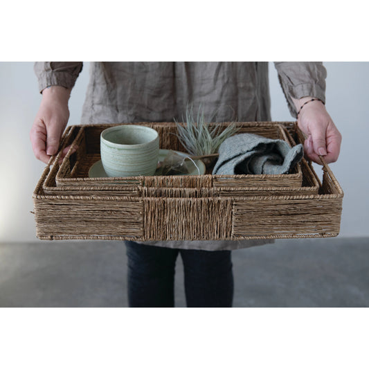 Hand-Woven Decorative Bamboo & Jute Trays with Handles - Medium