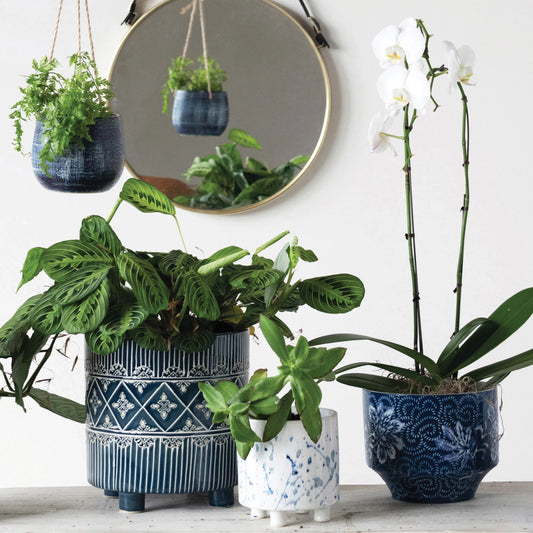 Footed Planter with Black Pattern