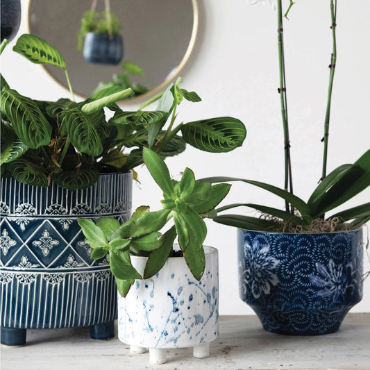 White Footed Planter with Navy Pattern