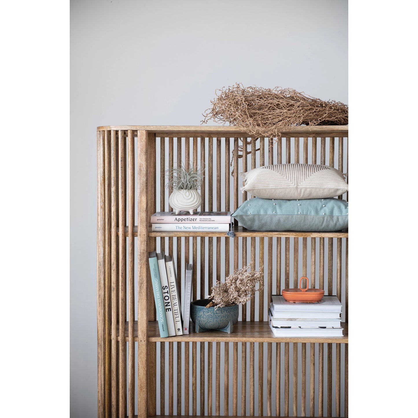 Mango Wood Slatted Bookcase with 4 Shelves