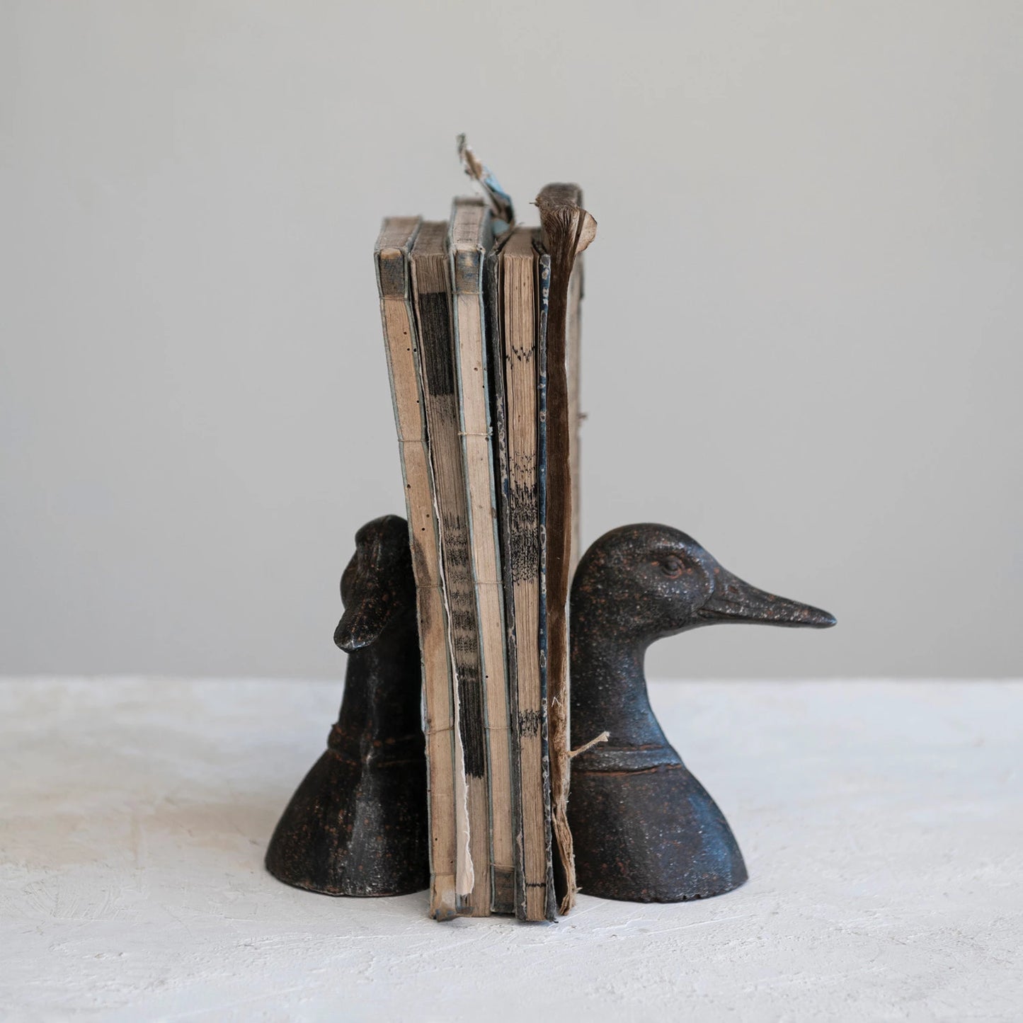 Cast Iron Duck Head Bookends, Distressed Black