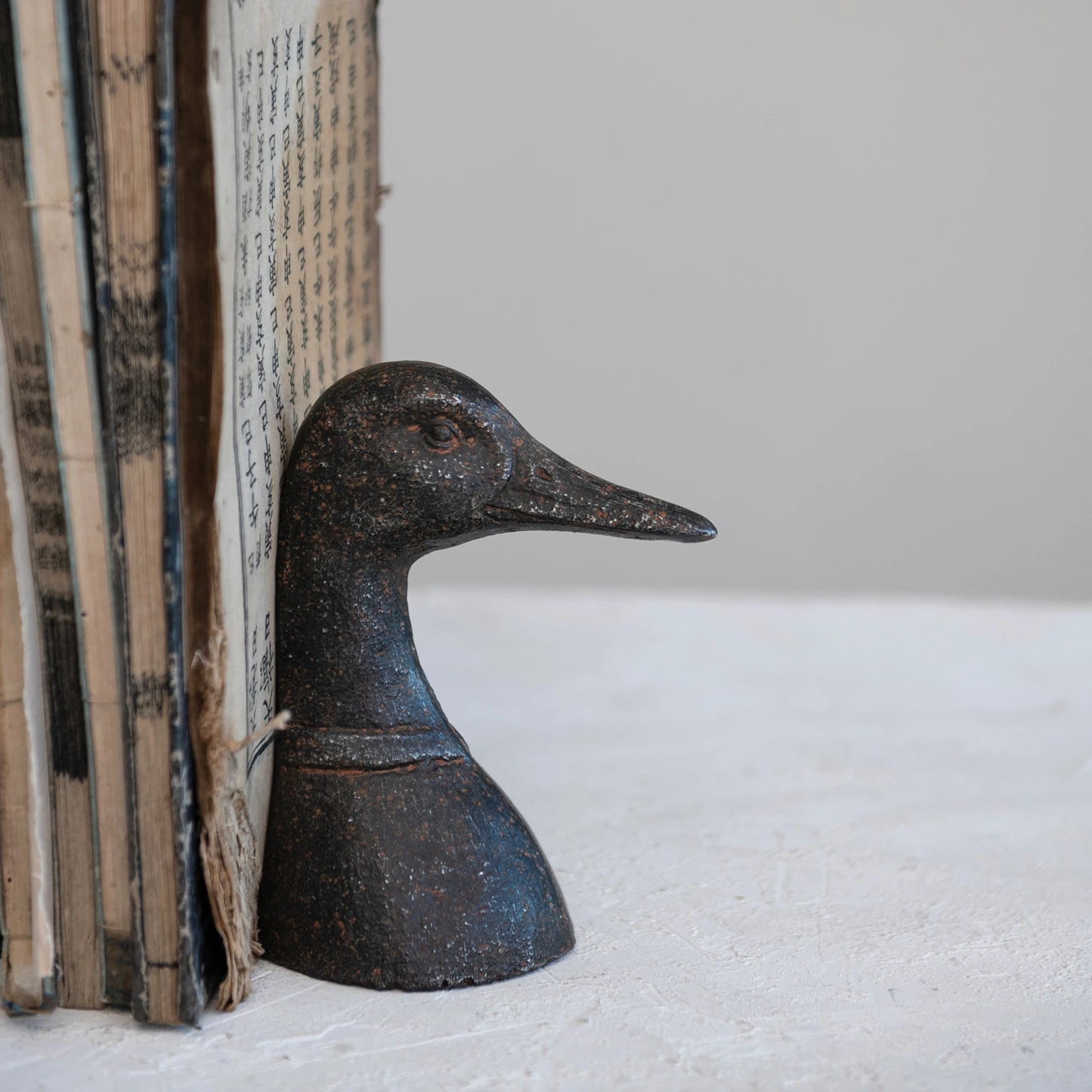 Cast Iron Duck Head Bookends, Distressed Black