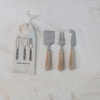 Stainless Steel Cheese Knives w/ Rattan Handles, Set of 2 in Drawstring Bag
