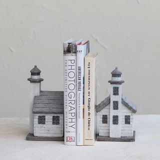 Resin Lighthouse Bookends, Distressed Finish, Grey & White, Set of 2
