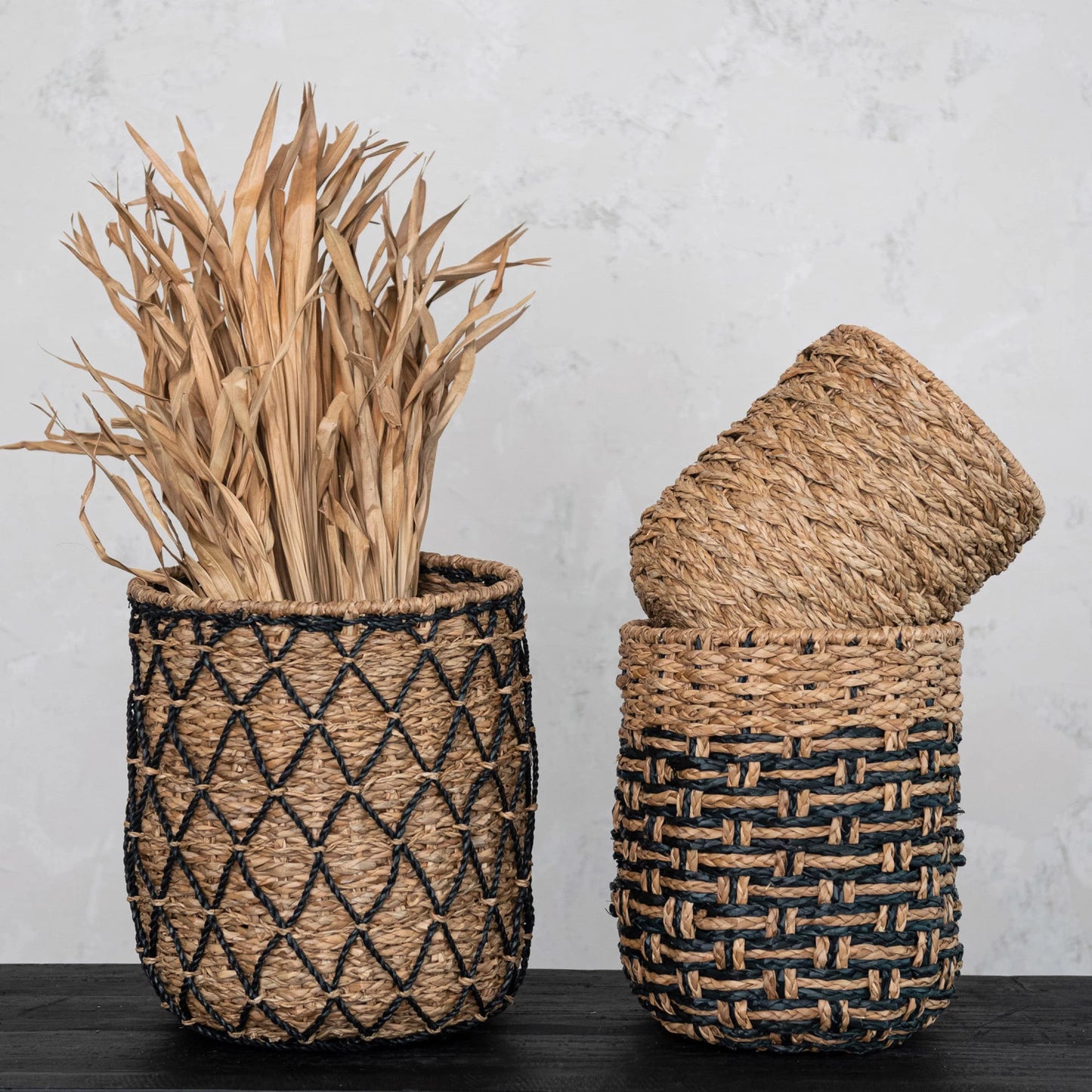 Woven Wicker Baskets & Black Medium