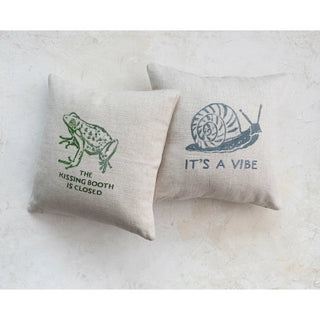 Linen Blend Printed Pillow w/ Snail & Embroidery "It's A Vibe"
