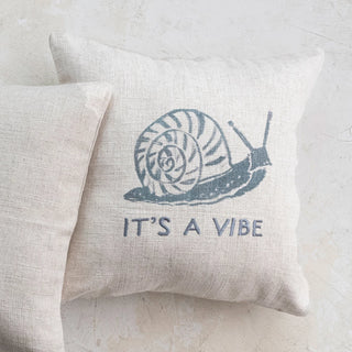 Linen Blend Printed Pillow w/ Snail & Embroidery "It's A Vibe"
