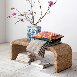 Woven Water Hyacinth & Acacia Wood Bench w/ Waterfall Edge
